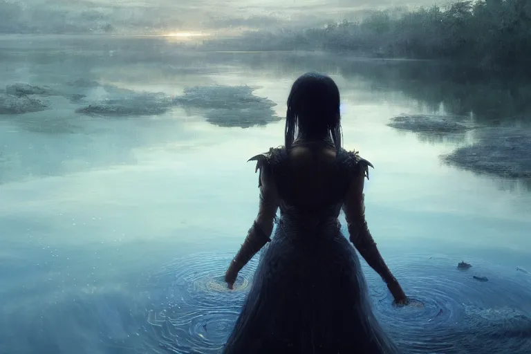 Image similar to first person perspective of a woman looking at her hands full of rings, the woman is reflected in the water of a lake, in the style of ruan jia, illustration, epic, fantasy, hyper detailed, smooth, unreal engine, sharp focus, ray tracing