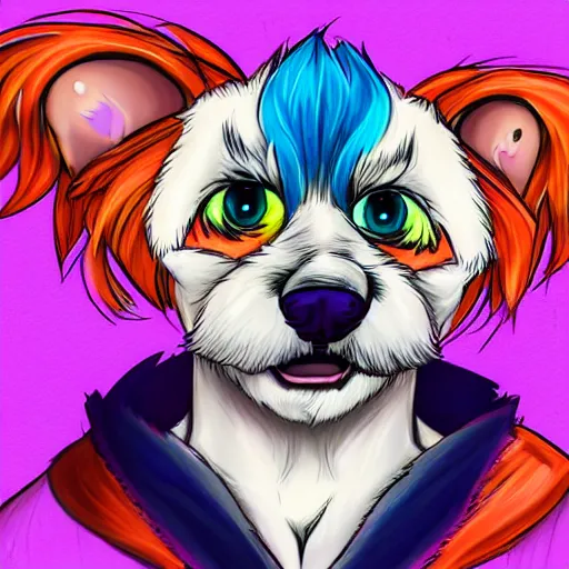 Image similar to headshot portrait of an anthropomorphic furry style colorful dog fursona, drawn by Falvie, fleurfurr, trending on furaffinity