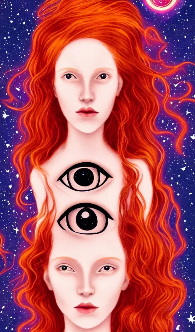 Image similar to tarot card of space astral girl, red hair, ginger hair, fantasy, glowing skin, smooth face, perfect eyes