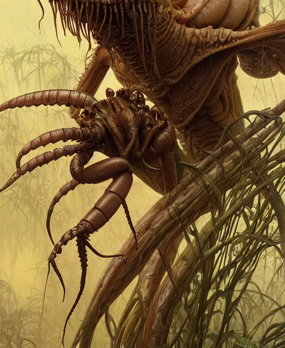 Image similar to intricate earth - toned portrait of a disturbing terrifying alien insect creature, mottling coloring, adorable, childlike, overgrown jungle environment, ultra realistic, concept art, art nouveau, photorealistic, octane render, 8 k, unreal engine. art by christopher marley and artgerm and greg rutkowski and alphonse mucha