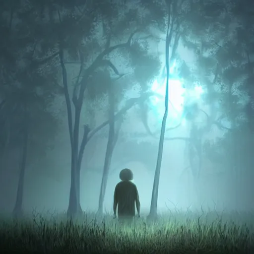 Image similar to close up of a dirty lost person is following a small floating blue softly glowing ball of light through a foggy swamp, art by Agus SW .