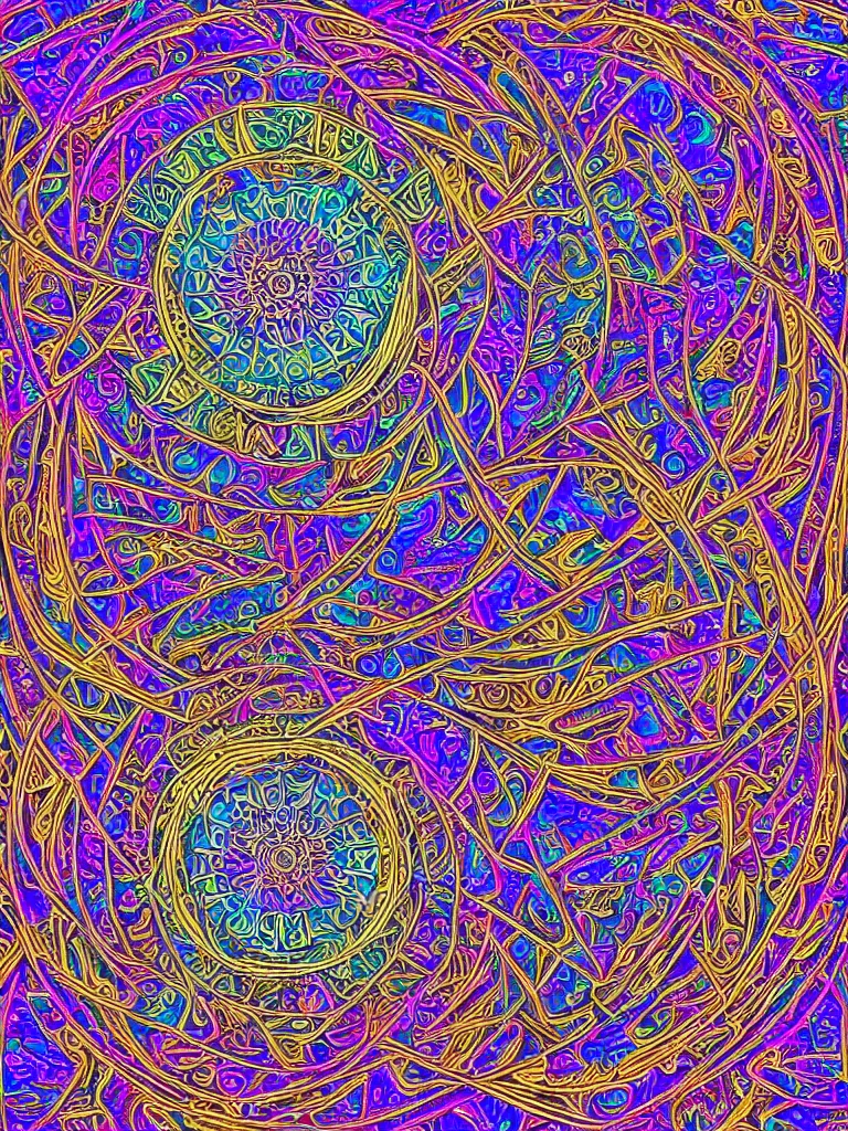 Prompt: a Symmetrical geometric photo realistic psychedelic mandala made from cybernetic structures With astrological details, brightly colored with a central focus , intricate lines and very detailed patterns made of metallic structures morphing into infinity , Alex grey and 70’s rock poster styling 3d