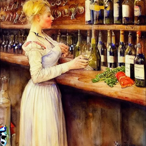 Image similar to hot blonde working in a wine cellar, food, pork, beer, schnapps, rustic, traditional, torches on the wall, watercolor by vladimir volegov and carl larsson