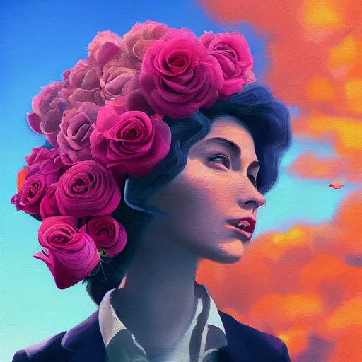 Image similar to closeup, huge rose flower head, portrait, girl in a suit, surreal photography, sunrise, blue sky, dramatic light, impressionist painting, digital painting, artstation, simon stalenhag