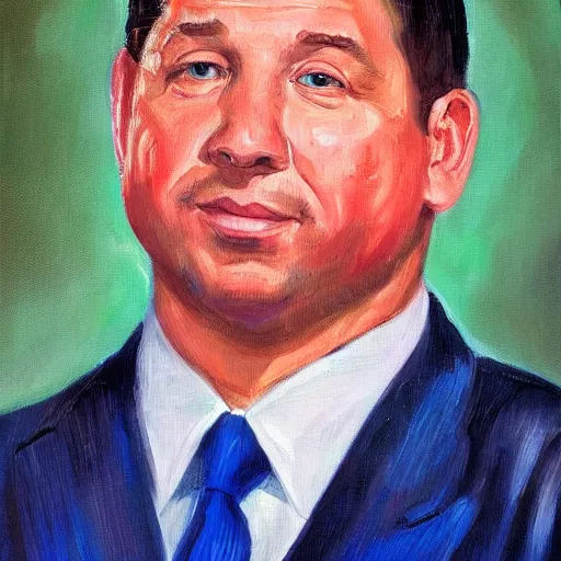 Image similar to oil painting of Ron Desantis in the style of a North Korean portrait