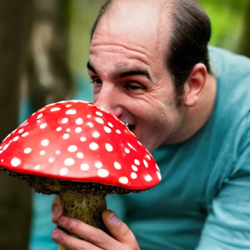 Prompt: photo of real life mario finding a giant amanita muscaria, exhilarated, portrait, closeup. mouth open, 3 0 mm, bokeh