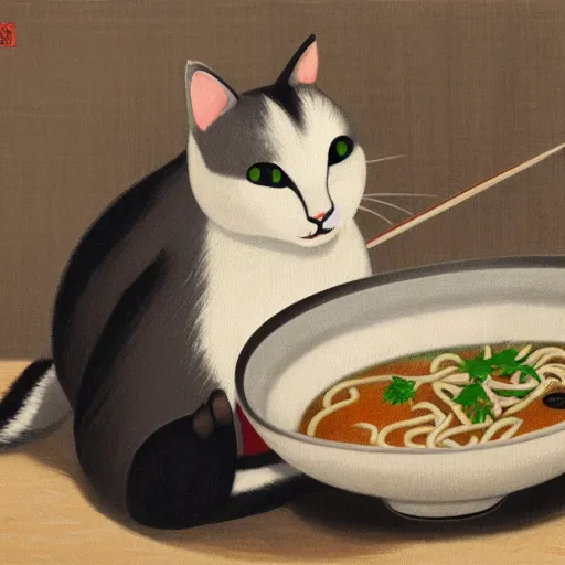 Prompt: Fat, cute grey striped cat in a suit eating ramen, busy restaurant, ukyio-e, painting by Koson Ohara, details, 4K, 8K