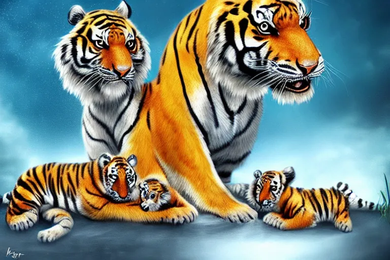 Prompt: beautiful aesthetic digital illustration of a solitary female tiger with her litter of newborn cubs by Lisa Parker and Anne Stokes, matte background, deviantArt, artstation, trending on artstation