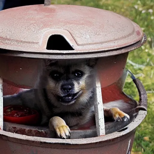 Image similar to doge trapped in tomato sauce pot