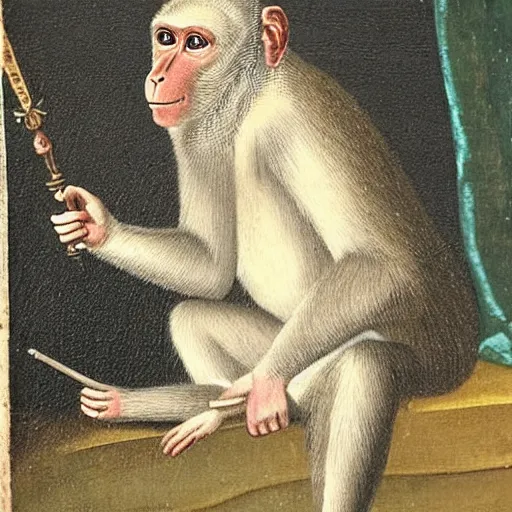 Image similar to 18th century portrait depicting a macaque aristocrat with a scepter