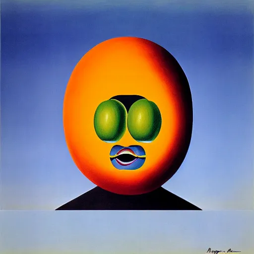 Image similar to magritte painting. the sun has a face with many eyes and teeth. seen through the fog