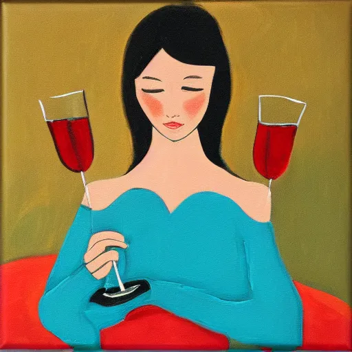 Image similar to square painting of a ballerina drinking wine in a teal room all on a red background