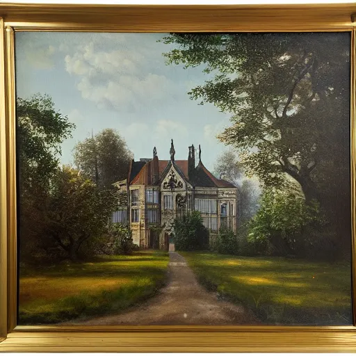 Prompt: detailed painting of a Victorian Manor house, surrounded by woodland. Well lit, oil painting