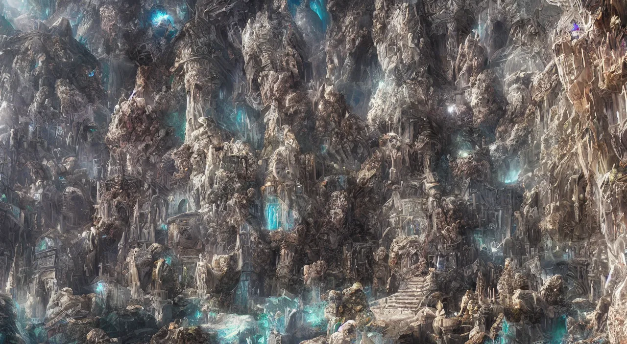 Image similar to a palace made of crystals guarded by stone giants, breathtaking, mixed media, digital art, trending on artstation, deviantart, 8k, epic composition, intrinsic details, AAA graphics