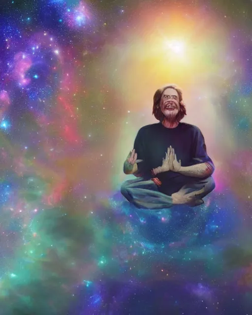 Image similar to alan watts grinning meditating in galaxy universe realistic dramatic lighting stylized soft airbrush painting highly detailed, 3d render senior artist, photorealistic, textured, featured on artstation