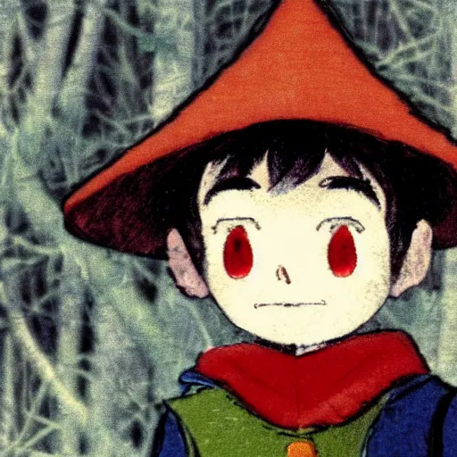 Image similar to super close up portrait of wirt from over the garden wall. a 1 6 years old gloomy awkward boy with big brown eyes and shaggy brown hair wearing a red dunce hat and a blue navy cape, standing in the forest, norman rockwell, bouguereau