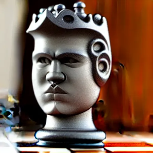Prompt: photograph of a realistic chess king piece. it has magnus carlsen's face!