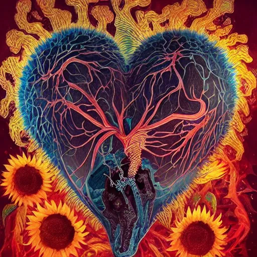 Image similar to a beautiful painting by Anato Finnstark and Victo Ngai of an anatomically correct heart bursting out of an anatomically correct skeletal rib-cage and exploding into rainbows and sunflowers, trending on artstation hq