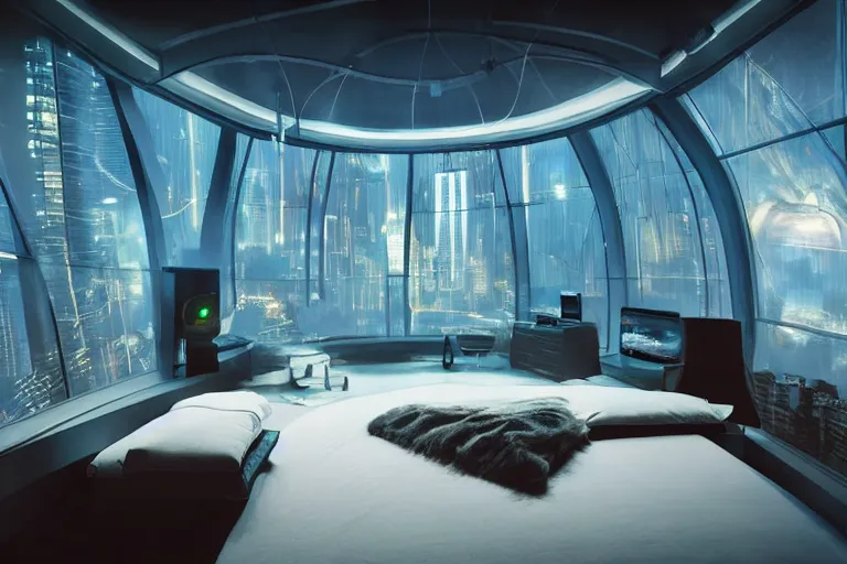 Image similar to a futuristic sparse bedroom with large curved ceiling high windows looking out to a far future cyberpunk cityscape, flying drones outside, night time, cyberpunk neon lights, raining