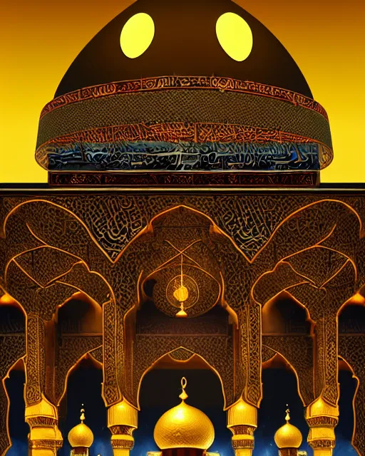 Image similar to beautiful mosque under a giant full moon, glowing arabic symbols, epic gold spires and towers, cinematic, dramatic lighting, extreme detail, artstation, sharp focus, masterpiece,