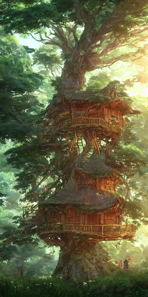 Image similar to beautiful tree house on a forest path, beautiful ancient trees, hiding large treasure chest, serene evening atmosphere, soft lens, soft light, cel - shading, animation, in the style of cgsociety, deviantart, artstation, zbrush, cinema 4 d, studio ghibli, akihiko yoshida, atelier lulua, masamune shirow