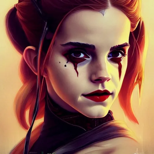 Image similar to Beautiful Emma Watson as Harley Quinn, western, D&D, fantasy, intricate, elegant, highly detailed, digital painting, artstation, concept art, matte, sharp focus, illustration, art by Artgerm and Greg Rutkowski and Alphonse Mucha