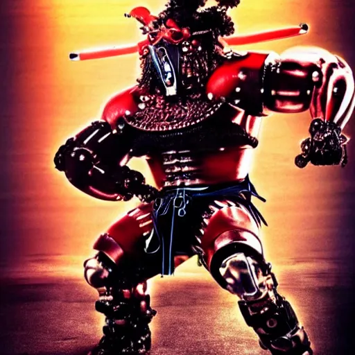 Image similar to very big very muscular very buff very strong samurai, wearing a cybernetic oni mask. The mask is cybernetic and scary. Movie still