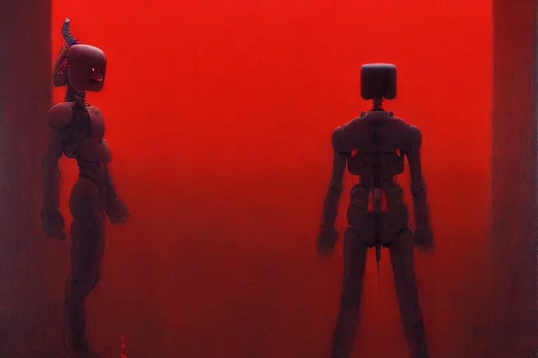 Image similar to only with red, a red samurai humanoid, tokio futuristic in background, yokai, in the style of beksinski, parts by edward hopper, parts by rodcenko, parts by yue minjun, intricate and epic composition, red by caravaggio, insanely quality, highly detailed, masterpiece, red light, artstation, 4 k