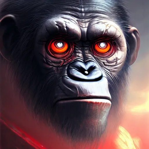 Prompt: a biomechanical cyborg ape with a scar on his eye, planet of the apes, with one red glowing eye sitting on top of a tank, hero character art, scars, by chris leib and greg rutkowski and android jones in a dark fantasy cyberpunk style, oil on canvas, dramatic lighting, raytracing, 8k, hd.