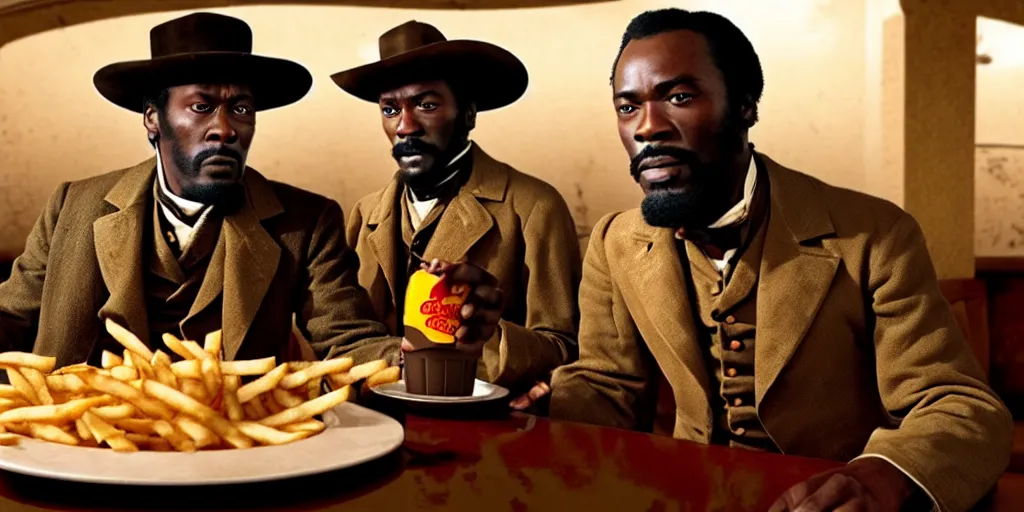 Image similar to Django unchained in Macdonald's eat cheeseburger and French fries