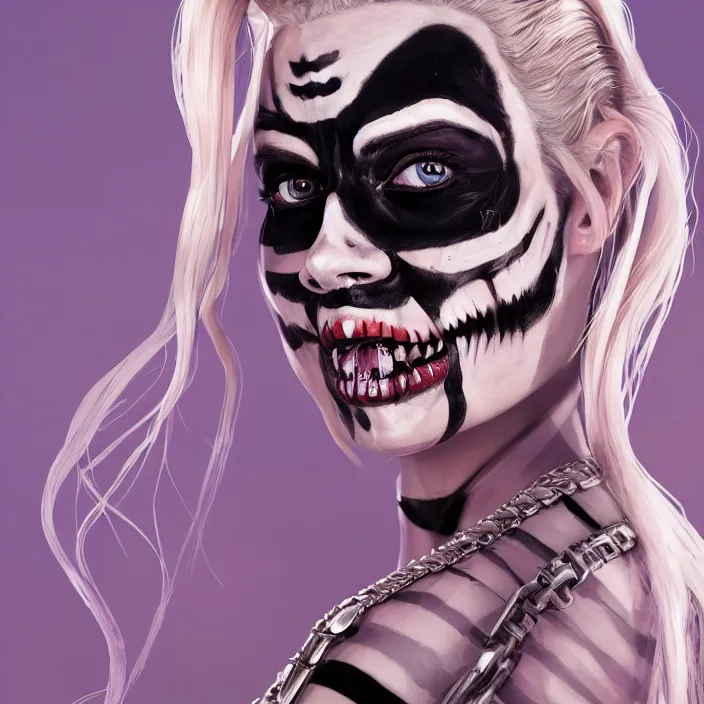 Image similar to portrait of Margot Robbie as a skeleton harley quinn. intricate abstract. intricate artwork. by Tooth Wu, wlop, beeple, dan mumford. octane render, trending on artstation, greg rutkowski very coherent symmetrical artwork. cinematic, hyper realism, high detail, octane render, 8k, iridescent accents