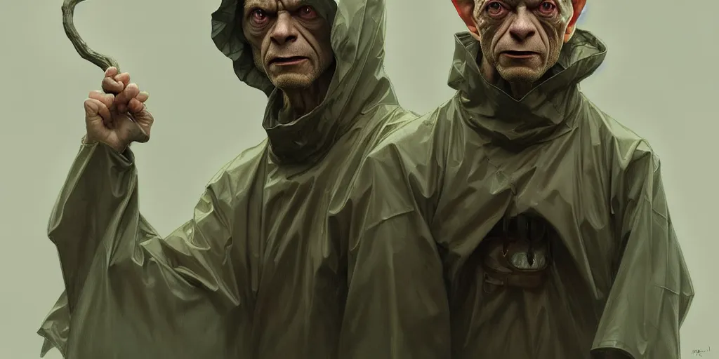 Image similar to ( ( ( ( gollum ) ) ) ) dressed in raincoat, male, clear face, masculine, upper body, highly detailed, digital painting, artstation, concept art, matte, sharp focus, illustration, art by artgerm and greg rutkowski and alphonse mucha