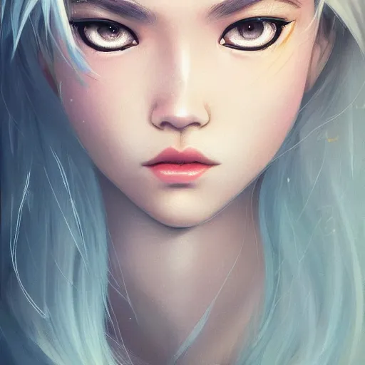 Image similar to very cool girl blonde hair black back, mint higlights, strong eyelashes, cute nose and lips makeup, nose piercing, detailed portrait, intricate complexity, by greg rutkowski, artgerm, ross tran, conrad roset, takato yomamoto, ilya kuvshinov. 4 k, beautiful, cinematic dramatic atmosphere