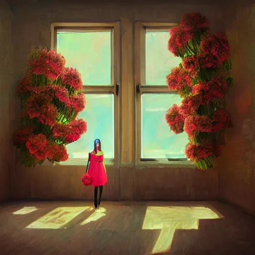 Prompt: giant carnation flower head, woman standing next to modern window in luxury loft, surreal photography, sunlight, impressionist painting, digital painting, artstation, simon stalenhag