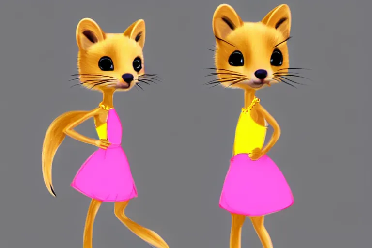 Prompt: female marten character : wearing jewelry : wearing a pink dress : wearing yellow hat : head torso legs feet : lorax movie : deviantart : cel shading