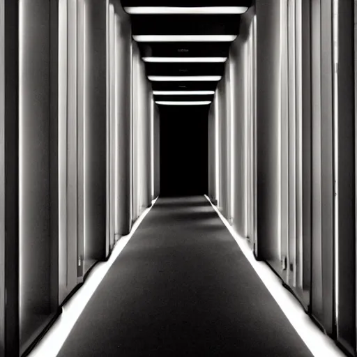 Image similar to a dark and recursive hallway with many doors, with a heavenly glow