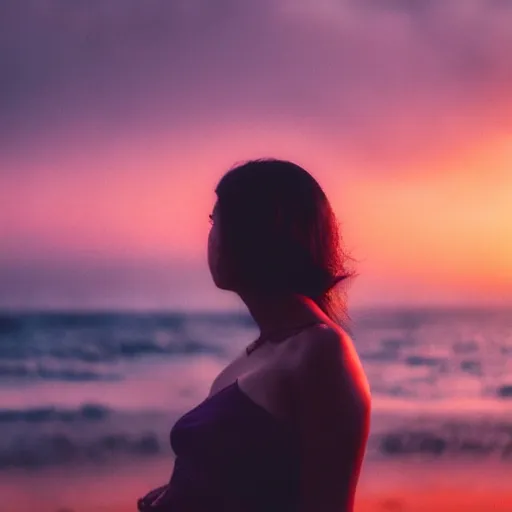 Prompt: aesthetic photo of a woman looking up crying at a beach at sunset, dslr, award winning, 8 k, octane beautifully detailed render, warm mood, cinematic lighting, detailed photo, masterpiece, volumetric lighting, ultra realistic, highly detailed, high quality, lossless, photorealistic, sharp focus, hd