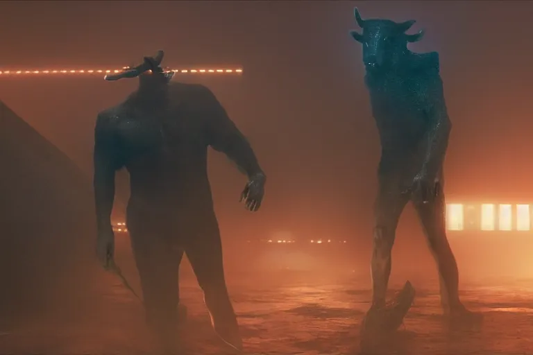 Image similar to humanoid minotaur in the movie bladerunner 2 0 4 9. cinematic wide shot in the style of cyber punk