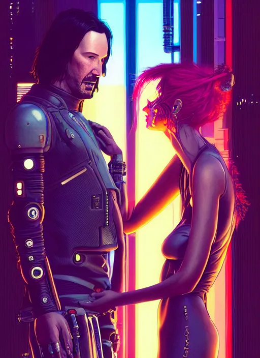 Image similar to a cyberpunk 2077 couple portrait of Keanu Reeves&female android in kiss,love,film lighting,by Laurie Greasley,Lawrence Alma-Tadema,Dan Mumford,artstation,deviantart,FAN ART,full of color,Digital painting,face enhance,highly detailed,8K,octane,golden ratio,cinematic lighting