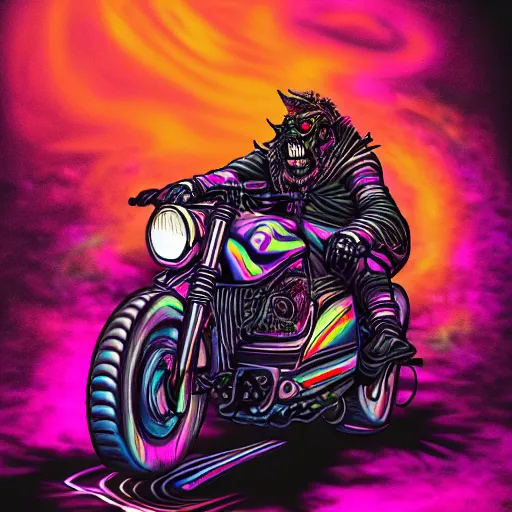 Prompt: psychedelic blacklight airbrush artwork, hyper stylized action shot of an orc biker riding a motorcycle, clear focused details, radical, cgsociety, artstation, soft airbrushed edges and gradients on a black background