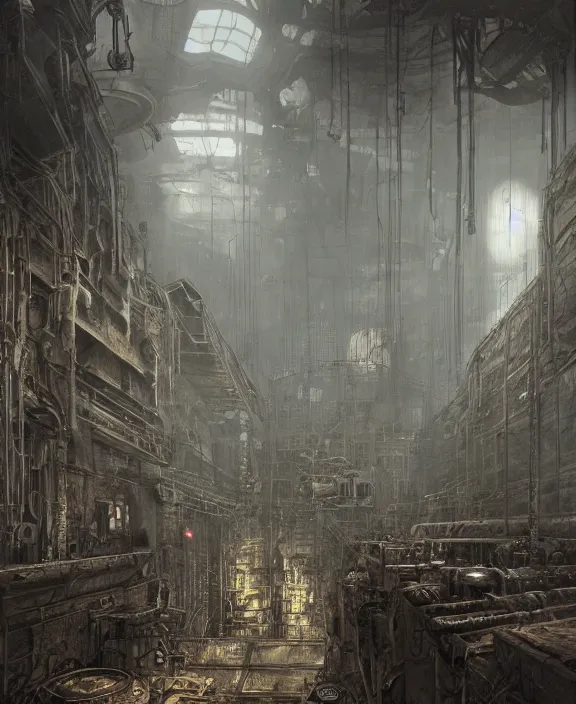 Image similar to the interior of a grim steampunk military headquarters, by HR Giger and Beksiński and Stephan Martiniere , 4k resolution, detailed, trending on artstation