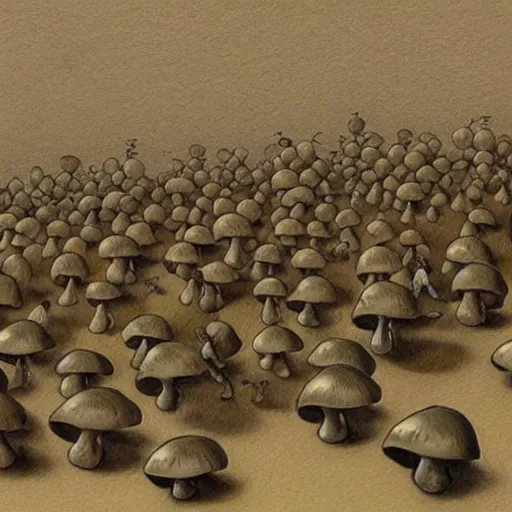 Image similar to a hyperrealistic painting of an army of angry mushrooms, by john kenn mortensen, highly detailed,