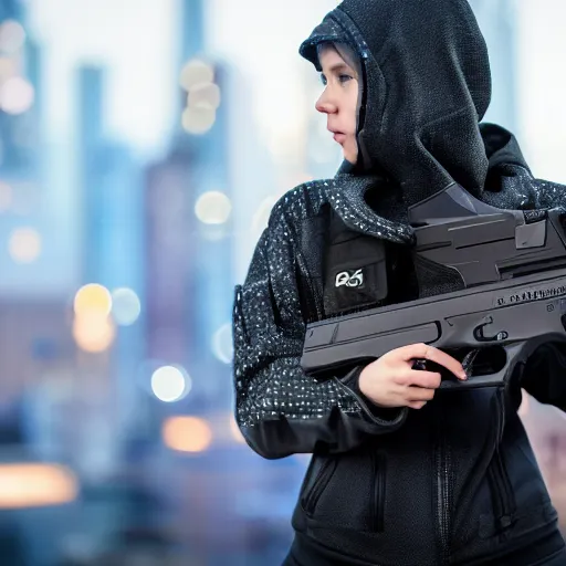 Image similar to photographic portrait of a techwear woman holding a Glock 18, closeup, on the rooftop of a futuristic city at night, sigma 85mm f/1.4, 4k, depth of field, high resolution, 4k, 8k, hd, full color