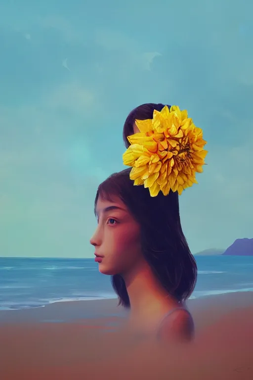 Image similar to closeup girl with huge yellow dahlia flower face, beach, surreal photography, blue sky, sunrise, dramatic light, impressionist painting, digital painting, artstation, simon stalenhag