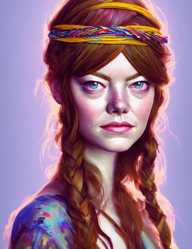 Image similar to portrait of young emma stone wearing boho clothing, hippie, long hair, groovy hairband, bangs, intricate, smooth, groovy lighting, highly detailed, digital painting, artstation, concept art, smooth, sharp focus, illustration, art by wlop, mars ravelo and greg rutkowski