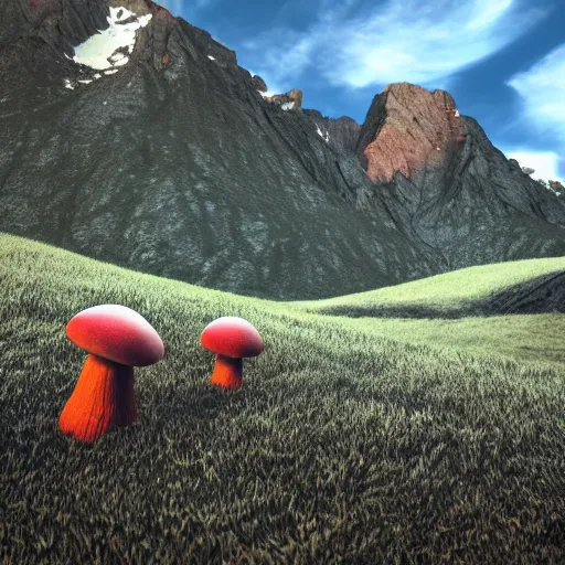 Prompt: photo of mountain pass, moshrooms on ground, mountains in background, ultrarealistic raytracing, vray, 55mm