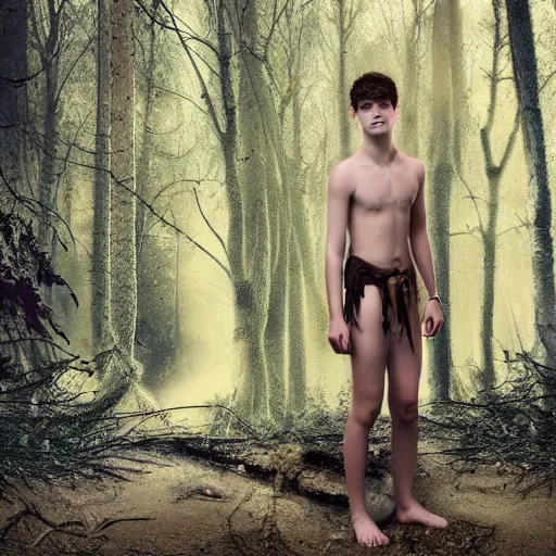 Prompt: a teenage boy, around 1 9 yo. choker necklace. natural brown hair. loincloth, pale skin. detailed face. ominous and eerie looking forest i'm background. natural colors.