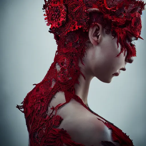 Prompt: a female model by stefan geselle and nekro borja, photorealistic, cyberpunk, intricate details, hyper realistic, red lace headpiece, dark beauty, photorealistic, canon r 3, photography, wide shot, photography, dark beauty, symmetrical features