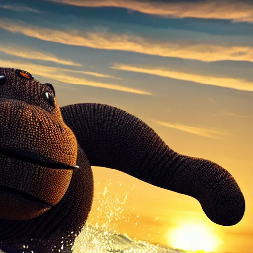 Image similar to a closeup photorealistic photograph of a cute smiling knitted tiger hippopotamus chasing a beachball at sunset. surf in the background. professional capture. this 4 k hd image is trending on artstation, featured on behance, well - rendered, extra crisp, features intricate detail, epic composition and the style of unreal engine.