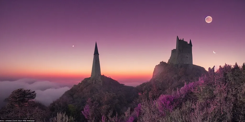 Image similar to a tall pointy castle atop a steep mountain, purple fog engulfs the ground below and a big yellow glowing crescent moon lingers above